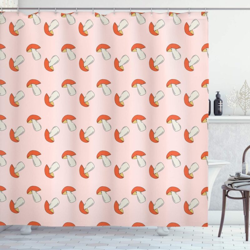 Ambesonne Mushroom Shower Curtain, Cartoon Style Mushrooms Background in Doodle Vegetables Floating, Cloth Fabric Bathroom Decor Set with Hooks, 105" Extra Wide, Eggshell and Multicolor