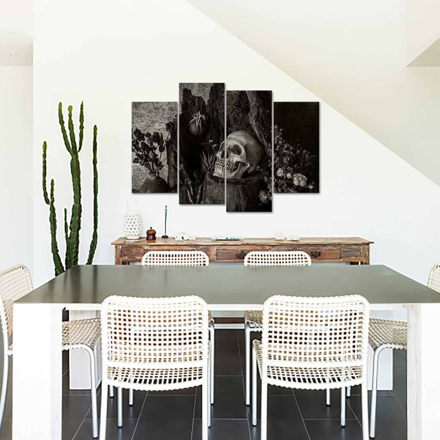 71N1PWVAj-L._AC_SL1500_.jpg Nachic Wall 4 Piece Skull Canvas Wall Art Vintage Cool Human Skull with Flower Picture Painting Halloween Day Poster Prints for Living Room Home Office Decor Ready to Hang - Image 5
