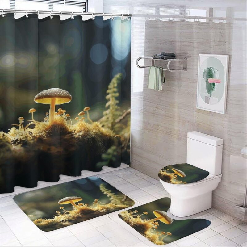 Small Mushroom Shower Curtains Set 4 Piece with Non-Slip Rugs, Toilet Lid Cover and Bath Mat Soft Bathroom Carpet Waterproof Bathroom Curtain with 12 Hooks for Bathroom Decor