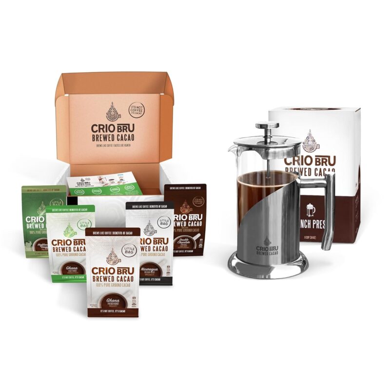 Sampler Starter Kit/Set (5 Varieties) | Natural Healthy Brewed Cacao Drink | Great Substitute to Herbal Tea and Coffee | 99% Caffeine Free | Keto Whole-30 Honest Energy Brew And Enjoy Hot or Iced (Set (Incl. French Press))
