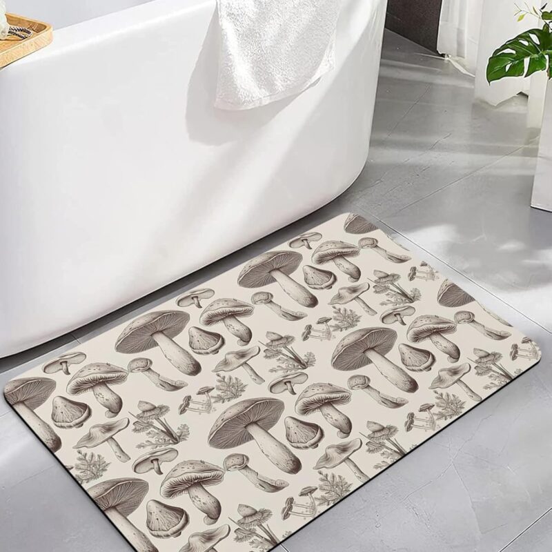 Bath Rugs, Quick Dry Indoor/Outdoor Rug Mat, Vintage Cute Mushroom and Leaf Pattern Rubber Non-Slip Absorbent Thin Doormat for Bathroom, Bedroom, Front Door, Kitchen 18"x30"
