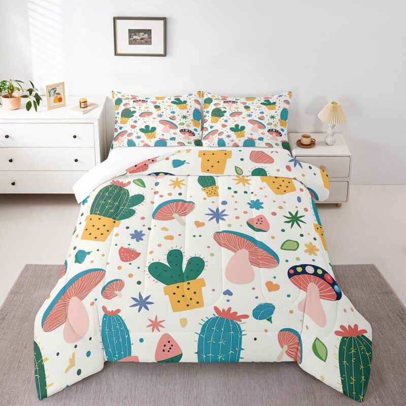 Feelyou Cute Mushroom Bedding Set Kawaii Fungus Comforter Set Cactus Comforter for Women Men Room Decor Botanical Duvet Set Full Size with 2 Pillow Case