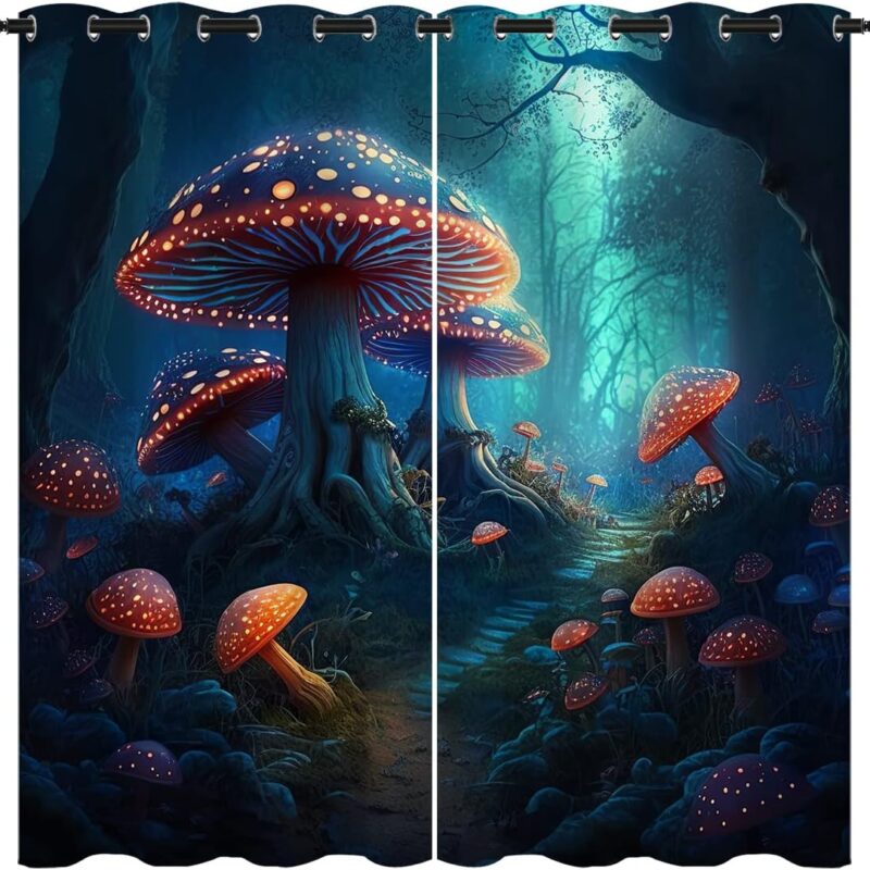 Magic Forest Blackout Curtains for Girls Boy Home Decor, Mushroom Fantasy Nature Plant Grommet Thermal Insulated Drapes Darkening Window Curtain for Bedroom Living Room, 84 x 84 Inch