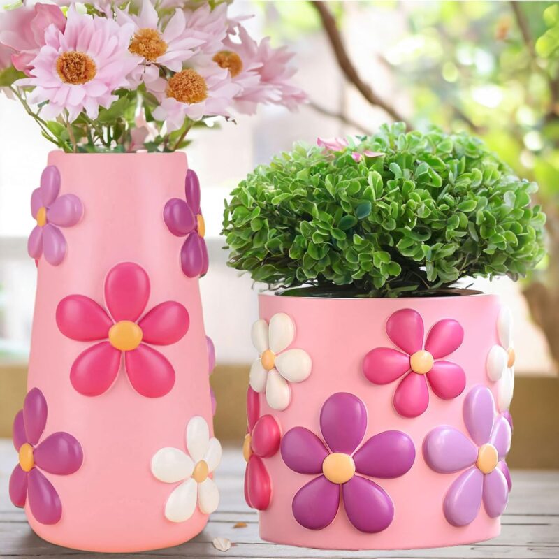 GUGUGO Pastel Flowers Vase, 8-Inch-Tall Rainbow Funky Mushroom Décor Bundle Colorful Flowers Planters Cute Unique Rainbow Planter with Drainage