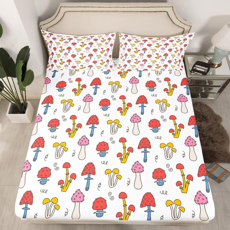 Erosebridal Kawaii Mushroom Queen Fitted Sheet for Kids Cute Hippie Mushrooms Sheets Boys Girls Cartoon Bed Sheets Botanical Wild Fungus Bed Cover Red Pink White Bedding Set 3pcs (No Top/Flat Sheet)