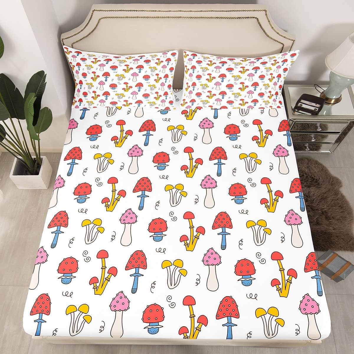 71PbKiJ9qyL._AC_SL1200_.jpg Erosebridal Kawaii Mushroom Queen Fitted Sheet for Kids Cute Hippie Mushrooms Sheets Boys Girls Cartoon Bed Sheets Botanical Wild Fungus Bed Cover Red Pink White Bedding Set 3pcs (No Top/Flat Sheet)