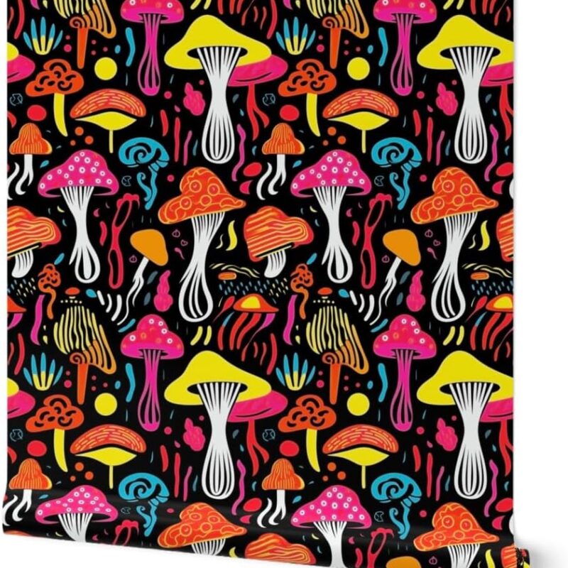 Peel & Stick Wallpaper 12ft x 2ft - Neon Mushrooms Bold Retro Quirky Bright Psychedelic Rainbow Modern Groovy Custom Removable Wallpaper by Spoonflower