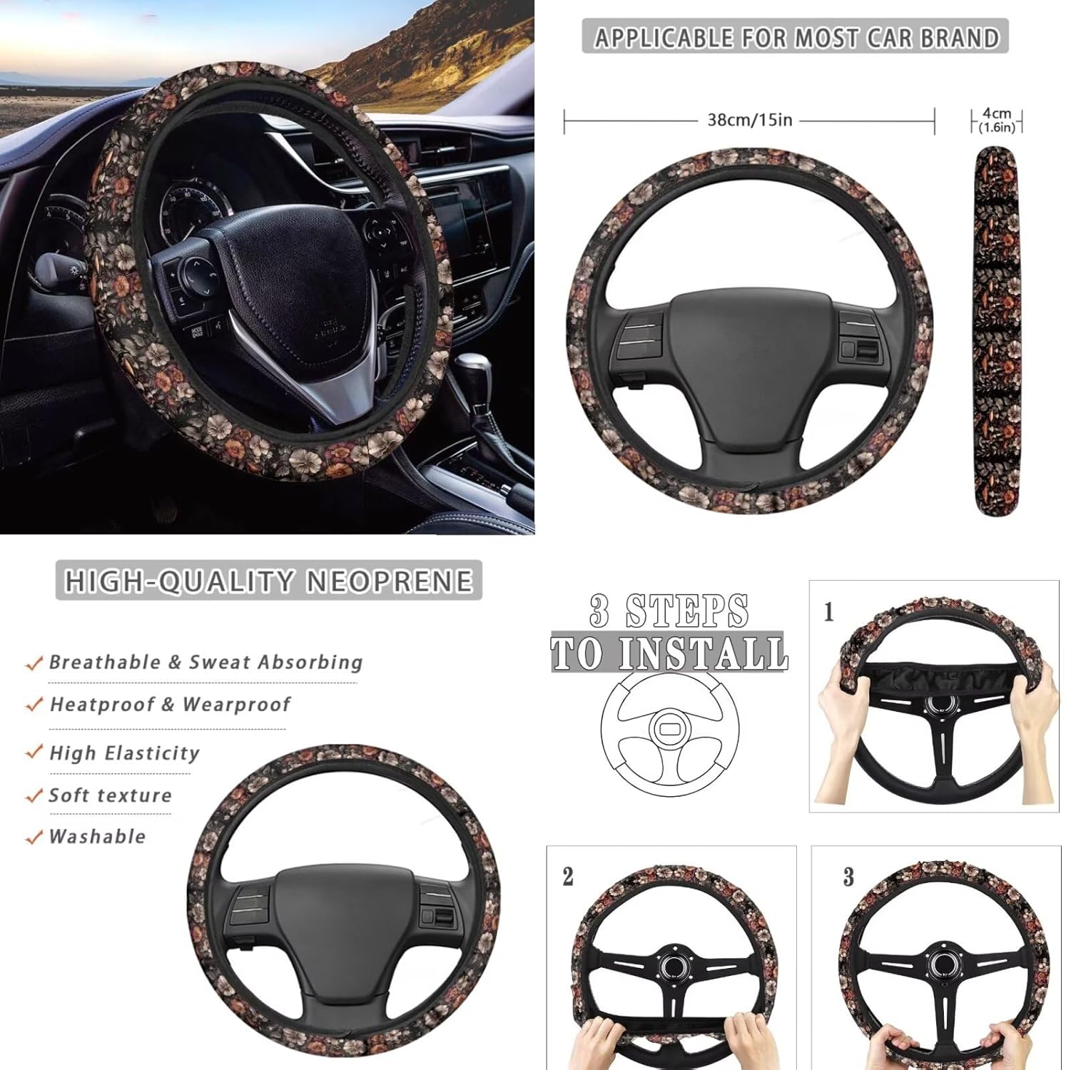 71QLw0y8WlL._AC_SL1500_.jpg Mushroom Butterfly Flower Print Car Seat Covers Sets of 12 Waterproof Steering Wheel Cover, Auto Seat Belt Cover, Armrest Cover, Handbrake Cover, Coasters for Vehicle SUV Truck - Image 3