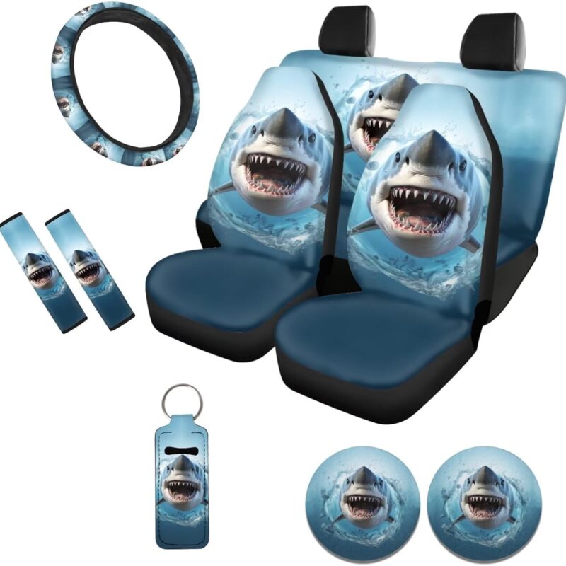 DISNIMO Blue Shark Car Accessories, Automotive Seat Covers Full Set for Women Mushroom Chapstick Holder Keychain,Steering Wheel Cover Seat Belt, Coasters