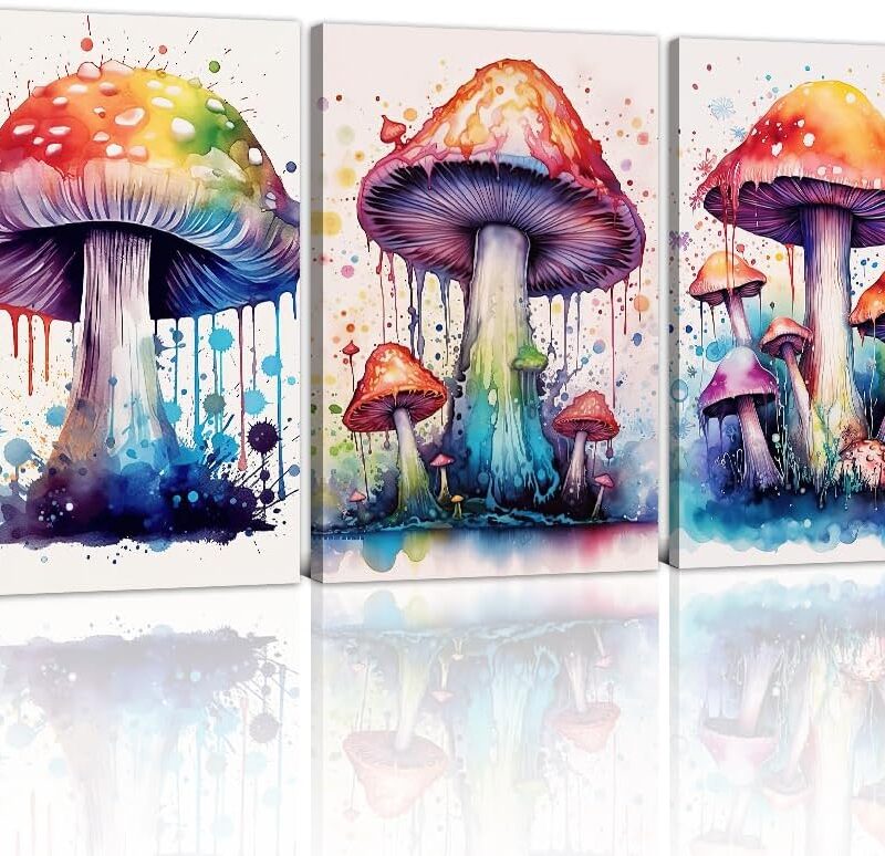 NAMENLAIMI Mushroom Canvas Wall Art Colorful Mushroom Pictures Graffiti Botanical Plant Paintings Watercolor Prints Aesthetic Artwork for Farmhouse Wall Decor(Plant-5,16.00" x 24.00" x 3Pcs)