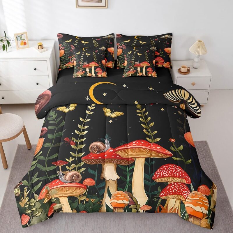 Feelyou Kids Red Mushroom 7 Piece Bedding Set Full Size, Boys Girls Botanical Plants Butterfly Bedding Sets with All Season Quilted Comforter, Flat Sheet, Fitted Sheet, Pillowcases, Pillow Covers