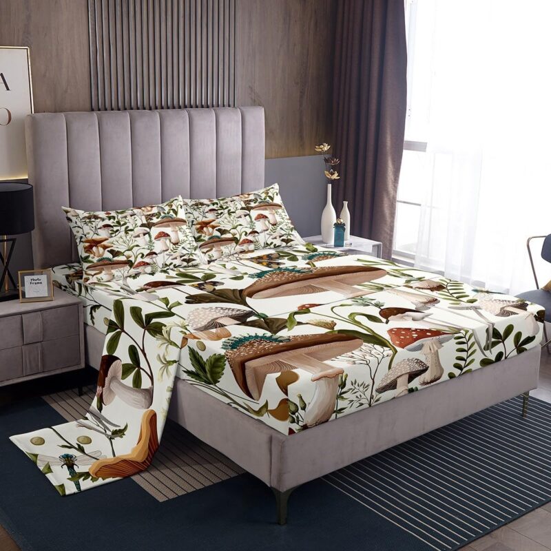 Castle Fairy Watercolor Mushroom Bed Sheets Cute Cartoon Strawberry Rustic Style Sheet Set Kids Teens Adults Jungle Botanical Leaves Wild Moth Set w/ Flat,Fitted Sheet,2 Pillowcases King Size 4 Pcs