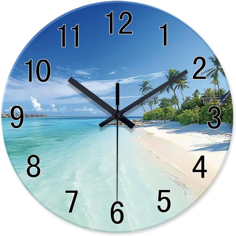 XFM Round Coastal Wall Clock - 12 Inch Silent Battery Operated Glass Blue Beach Clock for Bedroom, Palm Trees Bathroom