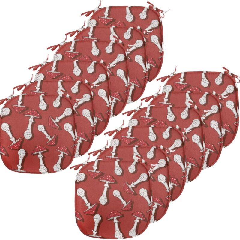 Ambesonne Mushroom Chair Seating Cushion Set of 12, Autumn Pattern with Amanita Muscaria Psychedelic Food Forest Woodland, Anti-Slip Seat Padding for Kitchen & Patio, 16"x16", Burnt Sienna Red White