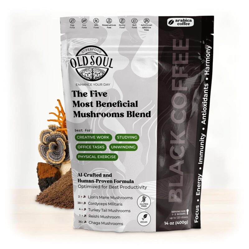 OldSoul Superfood Mushrooms Black Coffee Blend | Arabica Coffee | Approx. 70 Doses | Energy, Focus, Immunity | 14 oz (400 g)