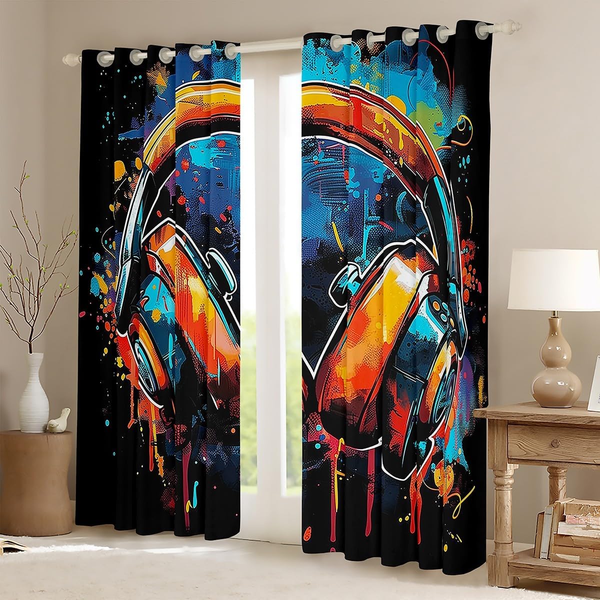 71SfbbFIvpL._AC_SL1200_.jpg Erosebridal Headphones Curtains,Music Theme Headphone Curtains & Drapes for Kids Boys Girls,Musical Window Curtains for Bedroom,Grunge Colorful Graffiti Window Treatments 2 Panels 52" Wx63 L - Image 2