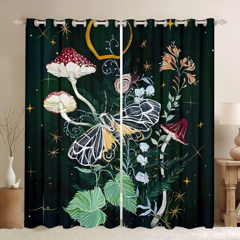 Erosebridal Gothic Moth Curtains for Kids Boys Girls,Psychedelic Mushrooms Blackout Curtains 52x90,Mystic Starry Night Curtains & Drapes Home Room Decor,Cartoon Fungus Plants Window Curtains 2 Panels