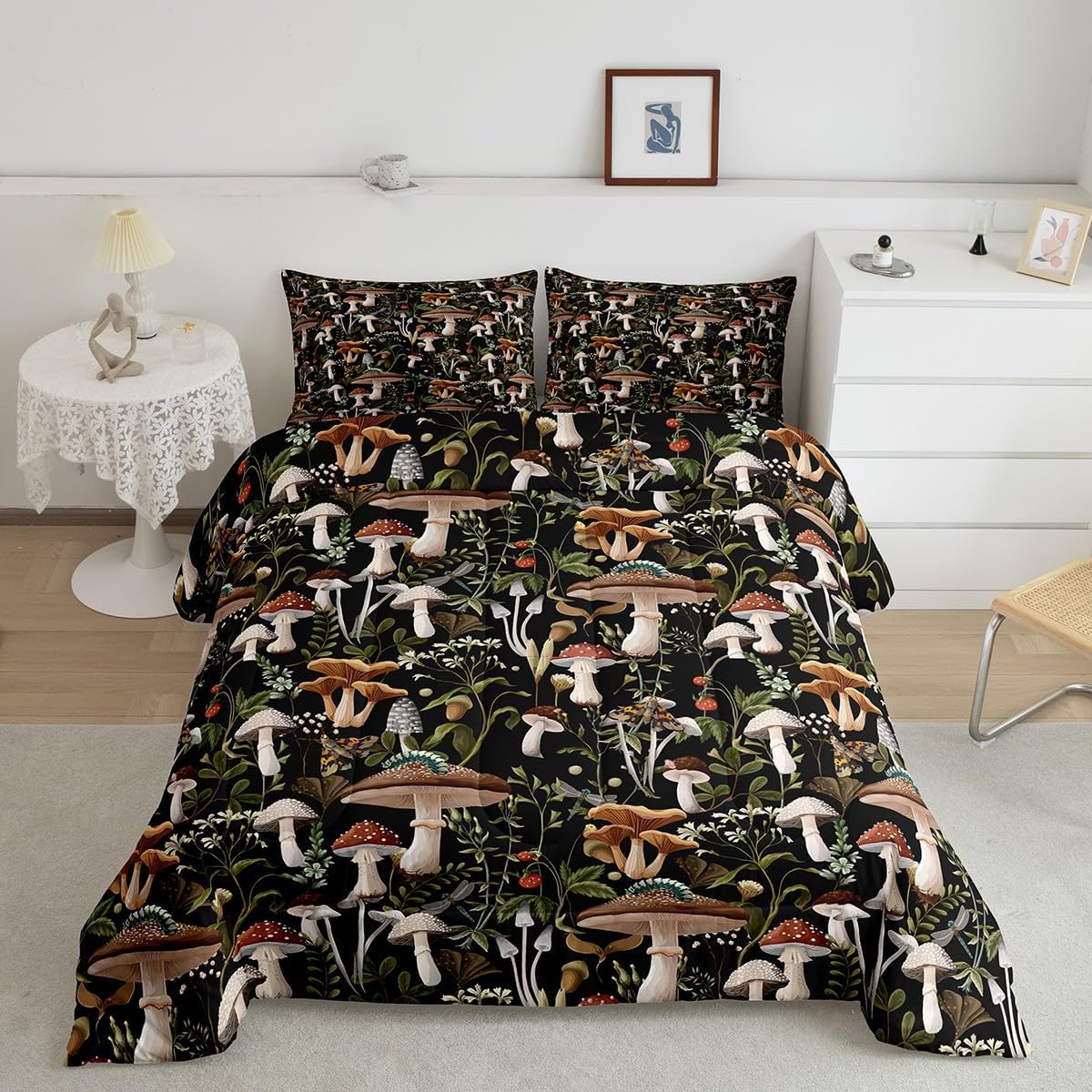 71TT3f9GtTL._AC_SL1200_.jpg Castle Fairy Mushroom Comforter Set King Size Red Strawberry Trippy Mushrooms Bedding for Girls Boys Kids Room Decor Jungle Rustic Wild Plants Palm Leaves Soft Chic Quilted Duvet with 2 Pillowcases - Image 5
