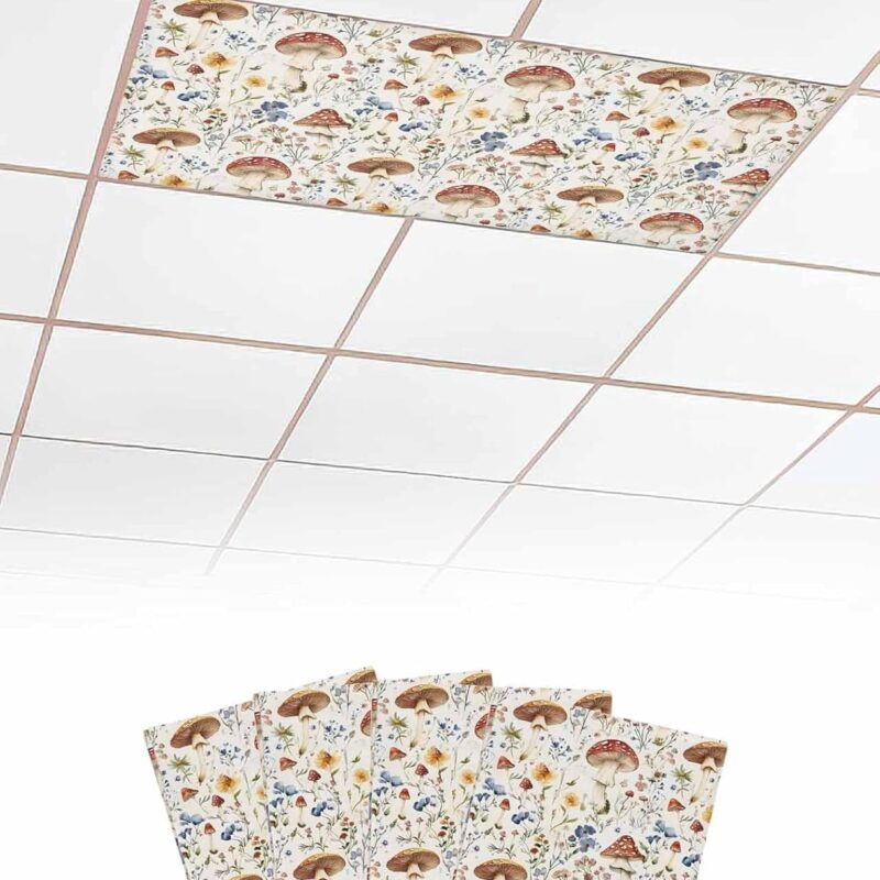 Red Mushroom Fluorescent Light Covers for Ceiling 4x2 feet,4 Pack Magnetic Light Filters for Classroom,Farmhouse Retro Botanical Plants Floral Fluorescent Light Shade Panel for Office School Drop Home