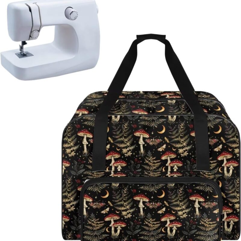 Mushroom Forest Sewing Machine Case with Pocket for Needles Scissors Thread Tape, Sewing Machine Tote for Carrying, Fits for Most Machines 19.7" x 9.8" x 13"