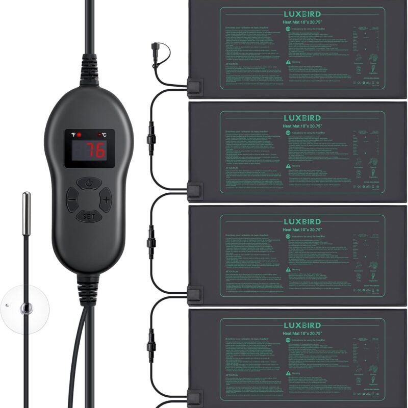 LUXBIRD 4 Pack Seedling Heat Mats with Digital Thermostat Controller, 10" x 20.75" Waterproof for Seed Starting, Germination, Hydroponics, Brewing, Breeding, Greenhouses (LB-HT04)