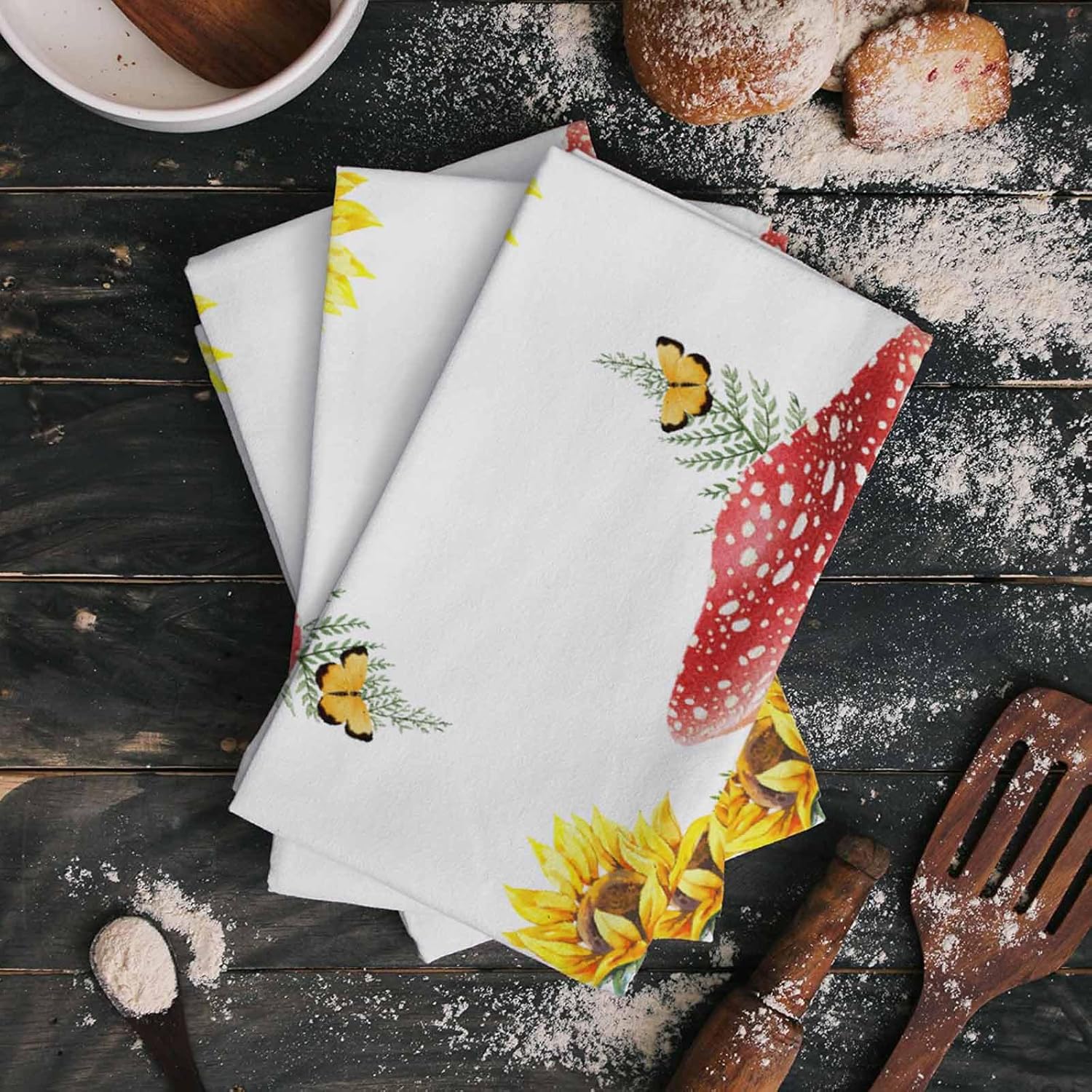 71Ums56g58L._AC_SL1500_.jpg Red Mushroom Kitchen Towels 18"x28" Absorbent Cleaning Cloths for Drying Dish,Kitchen Rags Soft Terry Hand Tower Washable Dish Towel Dish Dishcloths Sunflower Spring Summer Herbs Simple White 4 PCS - Image 2