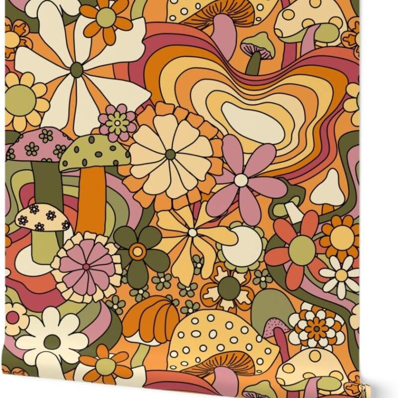 Peel & Stick Wallpaper 9ft x 2ft - Groovy Mushroom Garden Custom Removable Wallpaper by Spoonflower