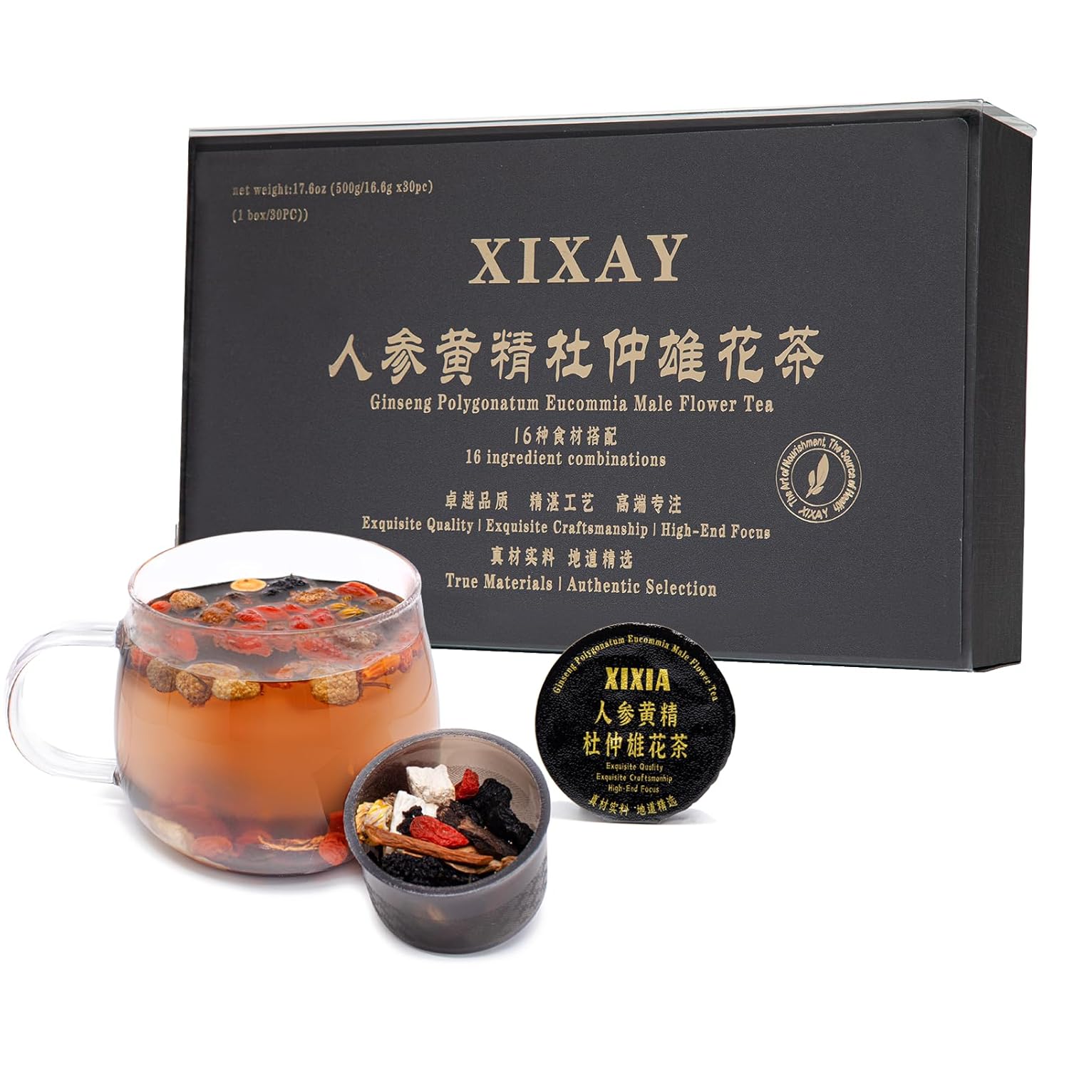 71VwNP23e4L._SL1500_.jpg Ginseng Polygonatum Eucommia Male Flower Tea, 16 Ingredients Organic Natural Formula Kidney Tea, 500g/Box Ginseng Six Treasure Aid Root Kidney Men's Herbal Tea (30 cans/1Box)