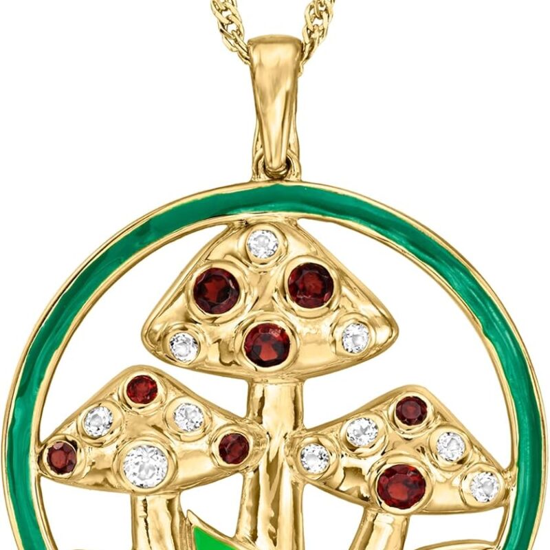 Ross-Simons 2.20 ct. t.w. White Topaz and .60 ct. t.w. Garnet Mushroom Pendant Necklace With Green Enamel in 18kt Gold Over Sterling