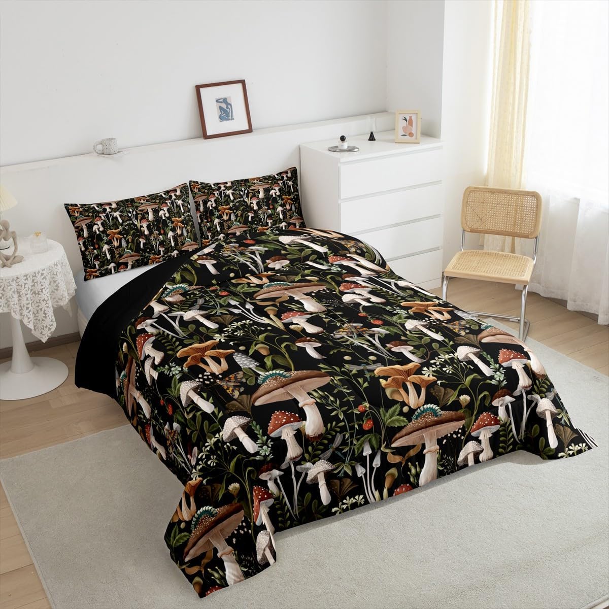 71WZQ89WcSL._AC_SL1200_.jpg Castle Fairy Mushroom Comforter Set King Size Red Strawberry Trippy Mushrooms Bedding for Girls Boys Kids Room Decor Jungle Rustic Wild Plants Palm Leaves Soft Chic Quilted Duvet with 2 Pillowcases - Image 2