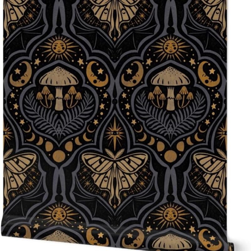 Peel & Stick Wallpaper 12ft x 2ft - Mushroom Damask Dark Witchy Gothic Moon Phase Celestial Mystical Bat Luna Moth Black Blue Large Custom Removable Wallpaper by Spoonflower