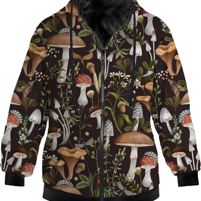 Mushroom Jacket for Women Men Fleece Sweatshirts Zip Up Hoodies Long Sleeve Hooded Coat with Drawstring Pockets