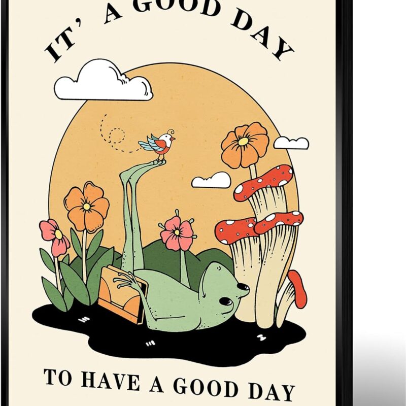 JCCSFF It a good day Posters Decor，Vintage Funny Frog Canvas Wall Art，Creativity Mushroom Animal plant for prints painting, To have a good day wall decor for16x24in Framed
