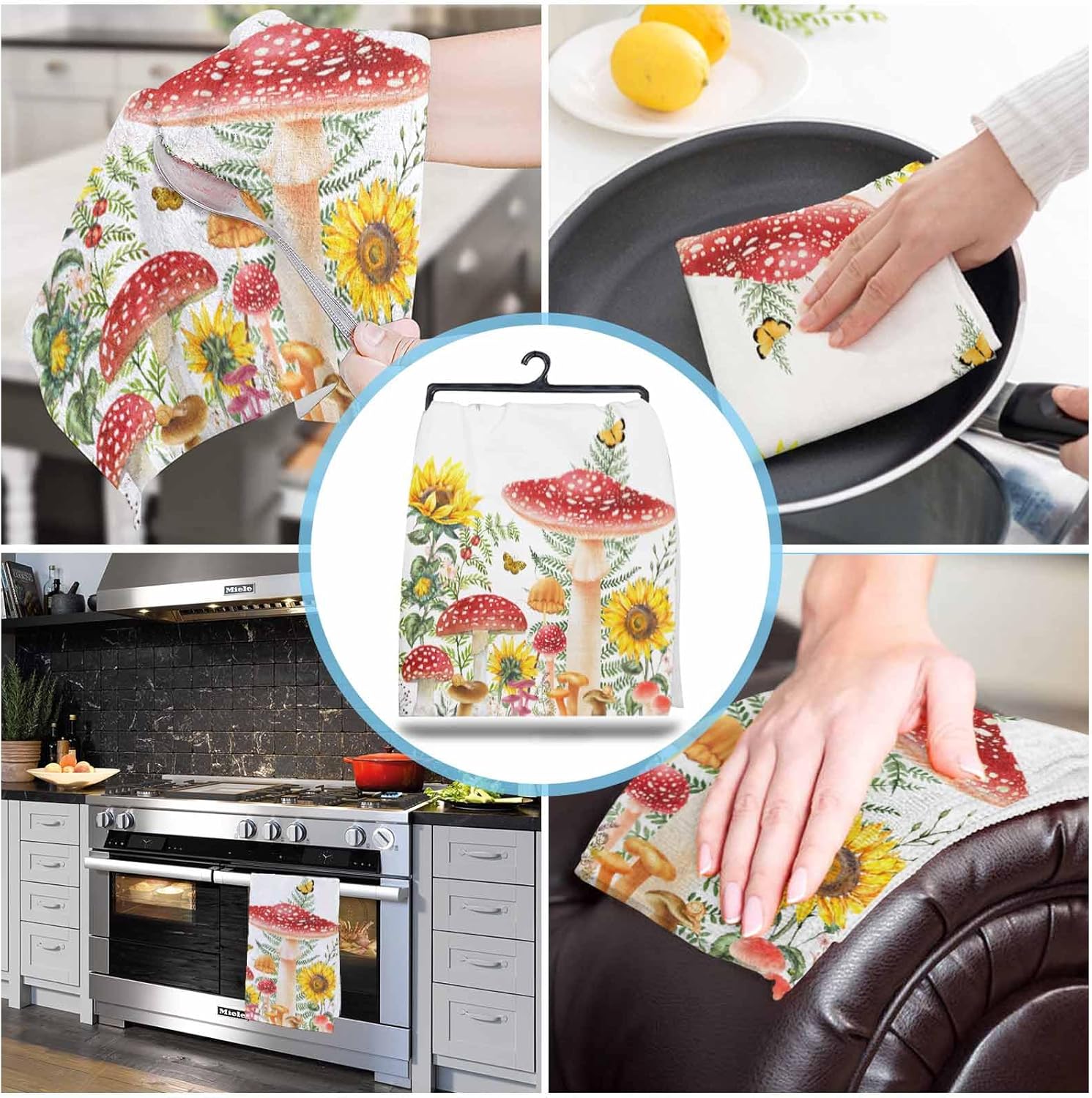 71XzvOJtlJL._AC_SL1500_.jpg Red Mushroom Kitchen Towels 18"x28" Absorbent Cleaning Cloths for Drying Dish,Kitchen Rags Soft Terry Hand Tower Washable Dish Towel Dish Dishcloths Sunflower Spring Summer Herbs Simple White 4 PCS - Image 4