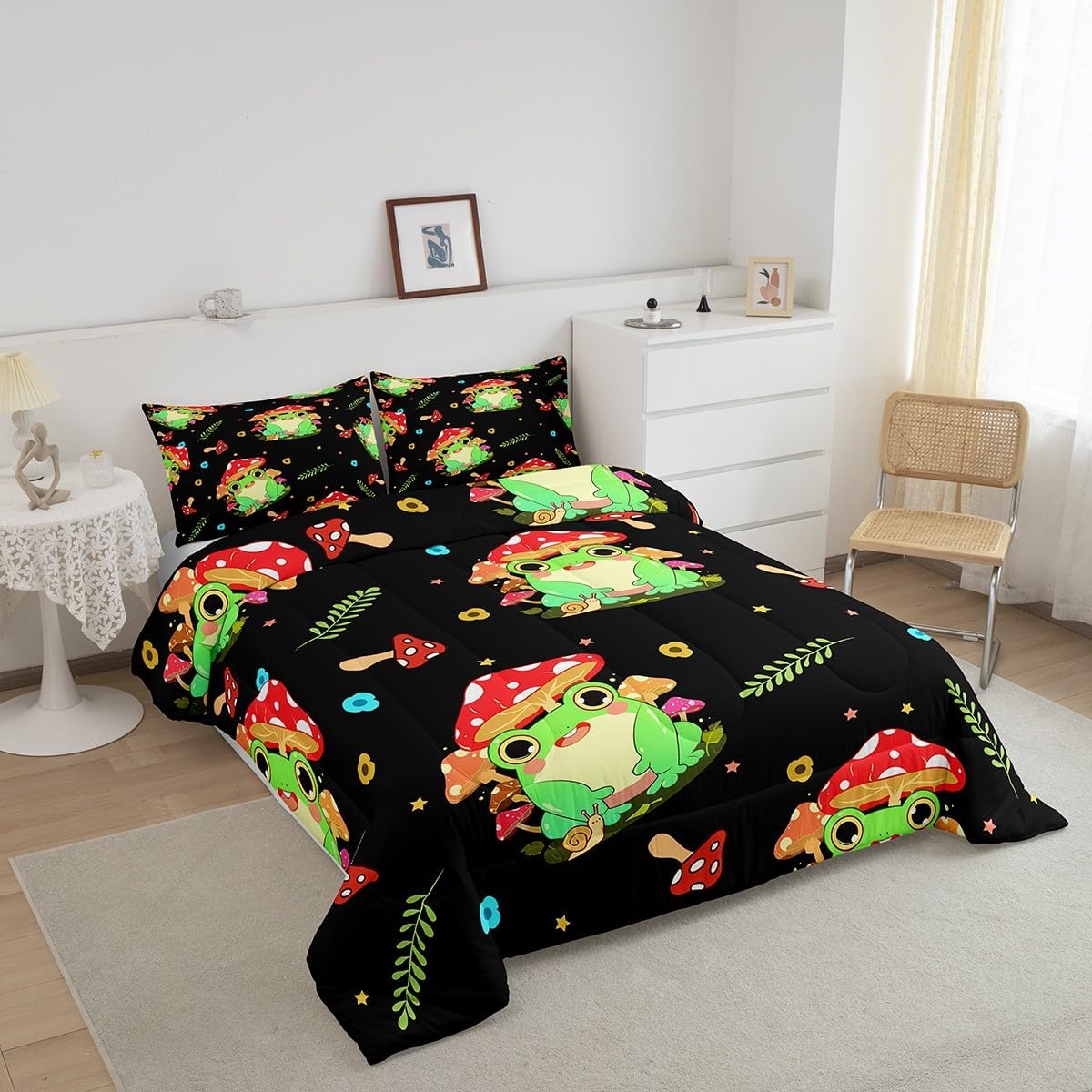 71Y1MN28ggL._AC_SL1200_.jpg Feelyou Cartoon Mushroom Frog Bedding Set Cute Mushroom Decor Comforter Kawaii Fungus Frog Comforter Set Frog Duvet Set Full Size Quilt - Image 2