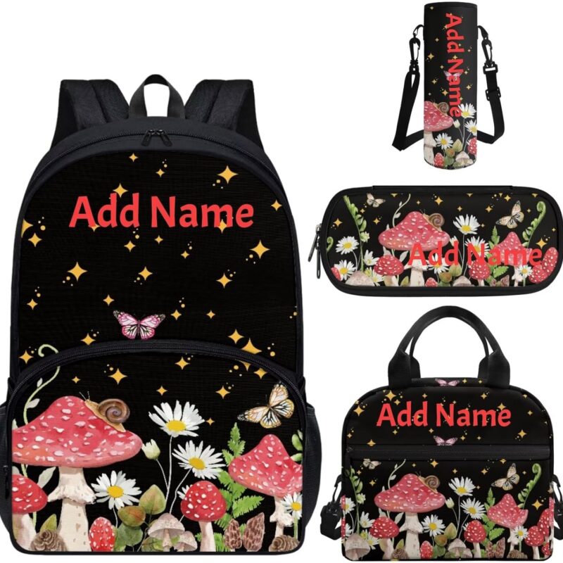 Kids Backpack and Lunch Box Set Girls with Name Moth Mushroom Bookbag for Teen Girls in Middle School Elementary Custom Children Bag Water Bottle Holder Pencil Case Lunch Tote Bag for School