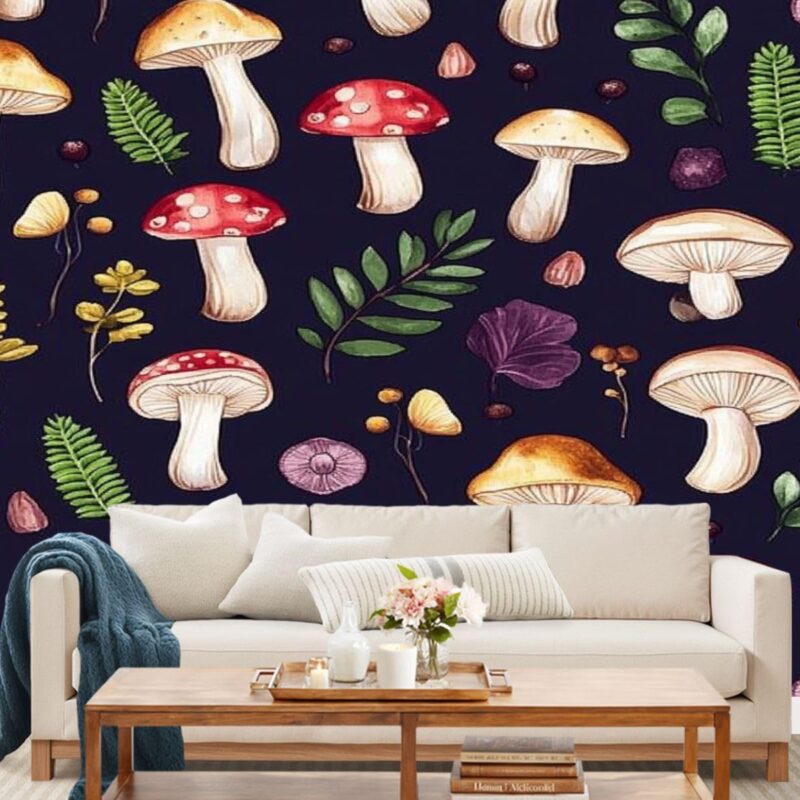 Wall Mural Seamless Repeating Pattern Bright Colored Mushrooms Twigs Dark Pattern Self-Adhesive Peel & Stick Wallpaper Removable Canvas Wall Sticker Decor for Bedroom Living Room Bathroom 69"x96"