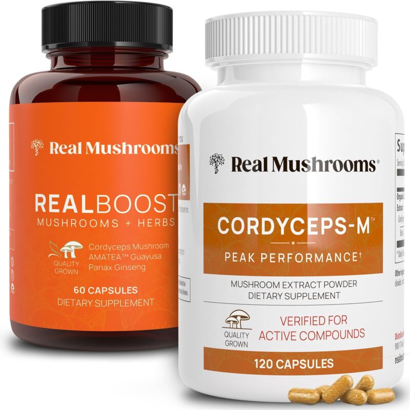 Real Mushrooms RealBoost (60ct) and Cordyceps (120ct) Capsules Bundle - Mushroom Supplement for Energy, Vitality & Endurance - Energy Vitamins w/Ginseng, Guayusa - Vegan, Non-GMO
