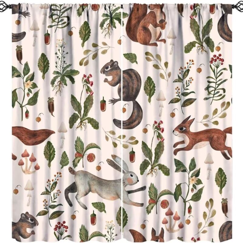 Rustic Forest Curtains, Cartoon Woodland Wild Animals Rabbit Fox Vintage Botanical Mushroom Herbs Blackout Window Drapes for Farmhouse Kitchen Living Room 72x63in