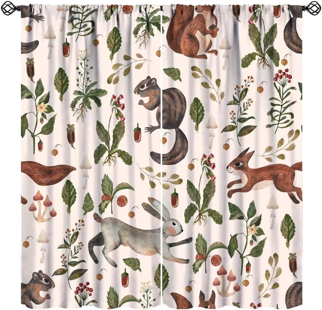 71Z9akzIOPL._AC_SL1080_.jpg Rustic Forest Curtains, Cartoon Woodland Wild Animals Rabbit Fox Vintage Botanical Mushroom Herbs Blackout Window Drapes for Farmhouse Kitchen Living Room 72x63in