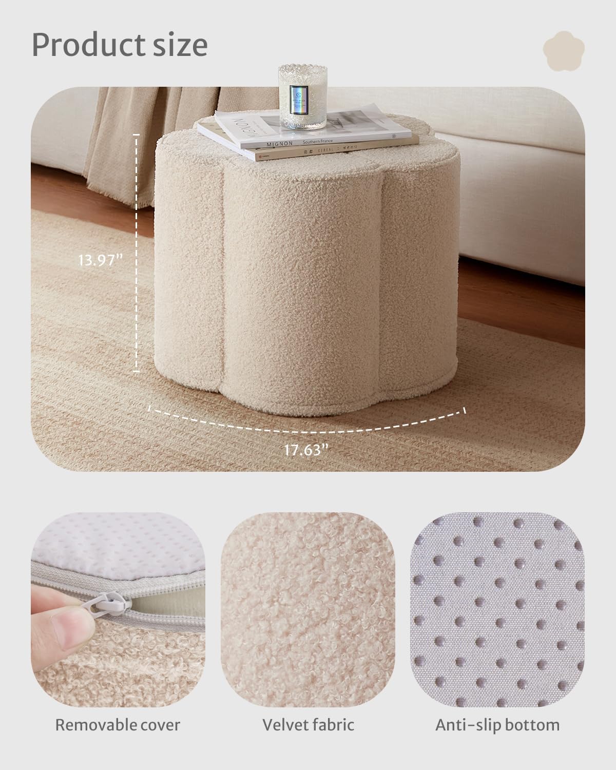 71ZEmWU7IL._AC_SL1500_.jpg Blissful Diary Flower Pouf Ottoman, Comfy Floral Ottoman for Living Room, Bedroom, Kids Room, Charm Floor Pouf for Home Decor, Full Foam Filling Foot Rest for Couch, Off White - Image 3