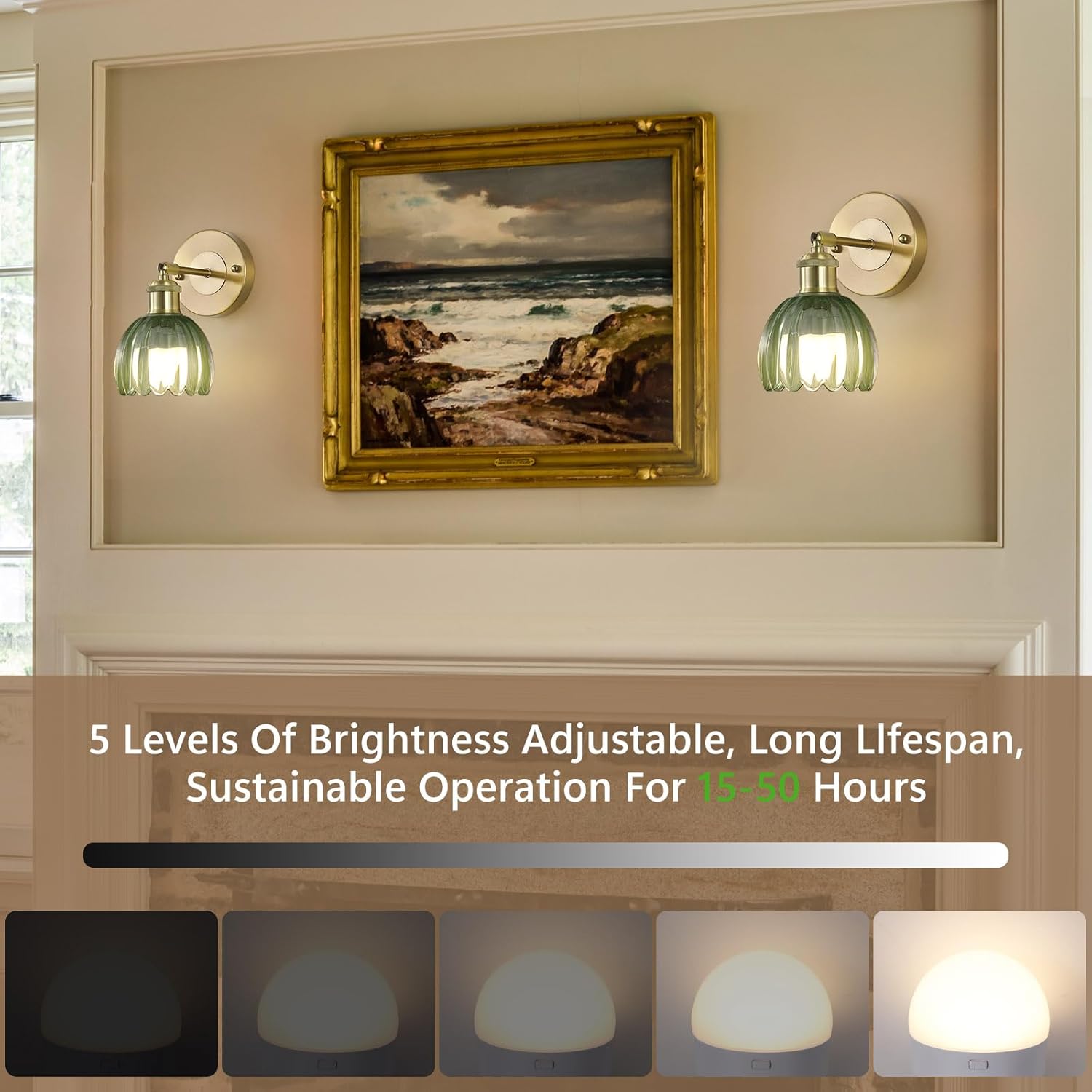 71ZGpPcQUKL._AC_SL1500_.jpg Vintage Battery Operated Wireless Wall Sconces, Rechargeable Gold Wall Lights,Green Tulip Glass Lampshad With Remote Dimmable Wall Lighting Indoor, Led Wall Lamp Fixtures For Bedroom, Living Room - Image 3