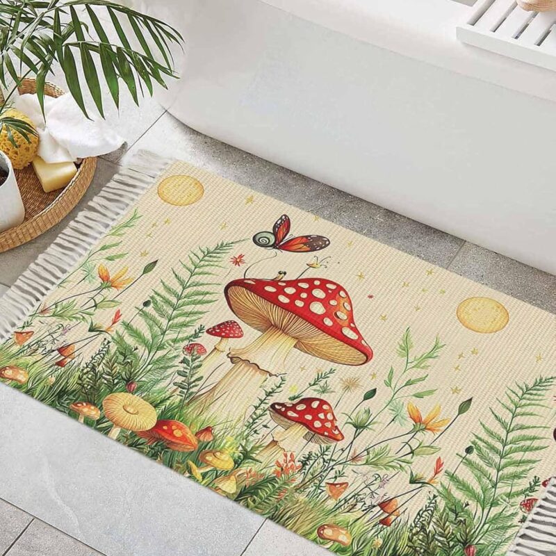 Red Mushroom Bathroom Rug 2' x 3', Low Profile Front Entryway Rug with Tassels, Watercolor Spring Summer Floral Woven Cotton Washable Kitchen Mat Carpet for Foyer Bedroom Back Door Decor