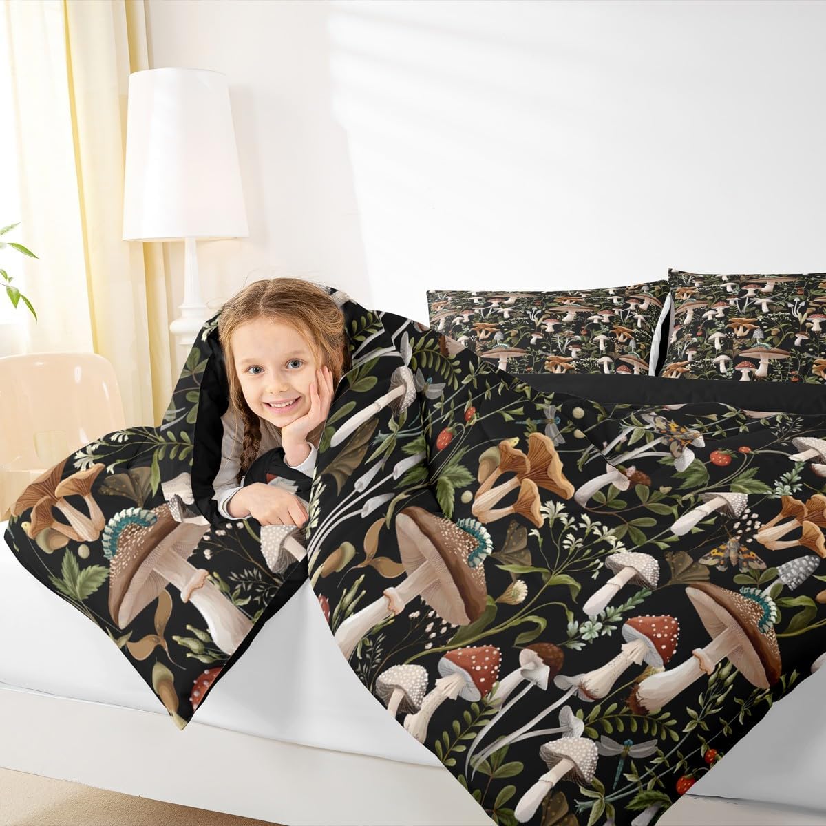 71a0Z13IZBL._AC_SL1200_.jpg Castle Fairy Mushroom Comforter Set King Size Red Strawberry Trippy Mushrooms Bedding for Girls Boys Kids Room Decor Jungle Rustic Wild Plants Palm Leaves Soft Chic Quilted Duvet with 2 Pillowcases - Image 7