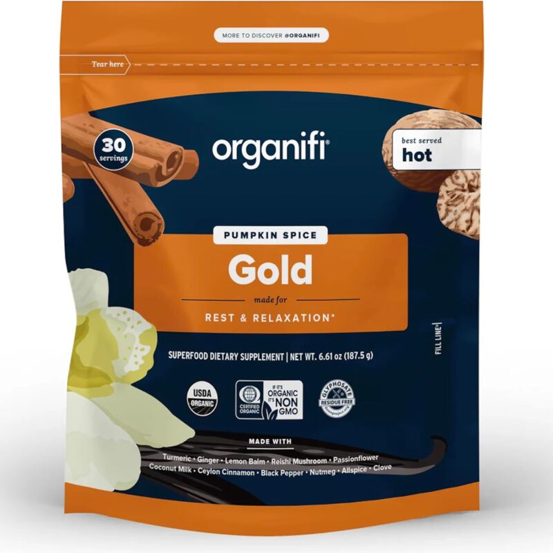 Gold Pumpkin Spice – Organic Superfood Blend for Rest & Relaxation, with Turmeric, Reishi, Ginger, Lemon Balm, & Coconut Milk, Vegan, Non-GMO, 30 Servings