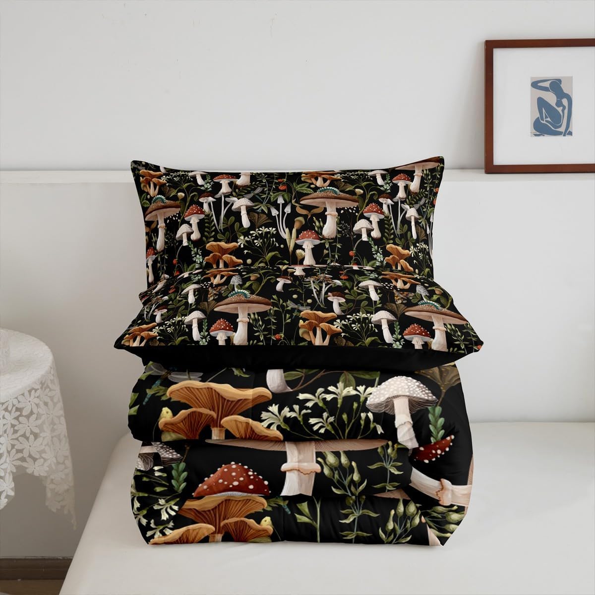 71bBwhOZLLL._AC_SL1200_.jpg Castle Fairy Mushroom Comforter Set King Size Red Strawberry Trippy Mushrooms Bedding for Girls Boys Kids Room Decor Jungle Rustic Wild Plants Palm Leaves Soft Chic Quilted Duvet with 2 Pillowcases - Image 3