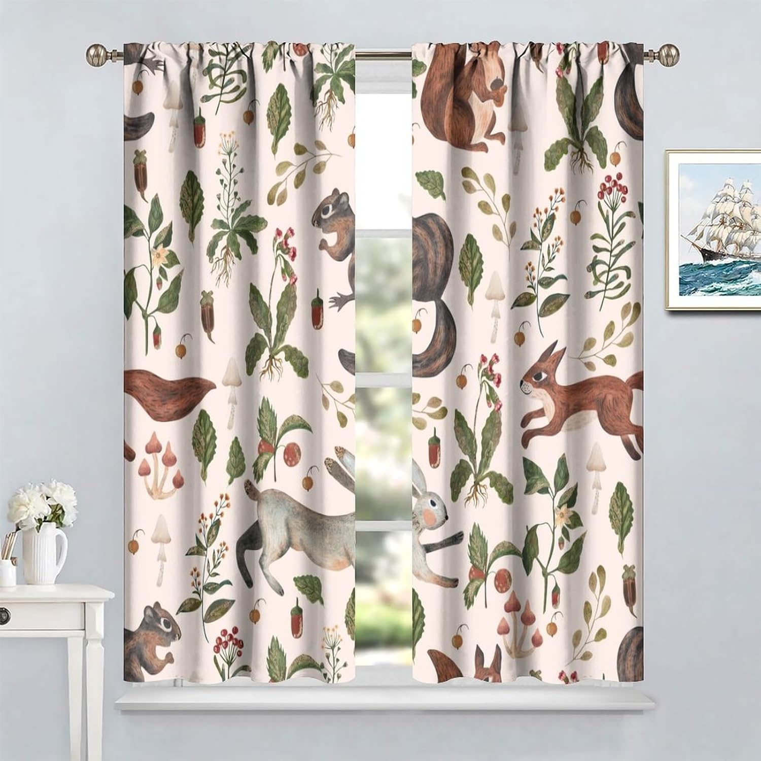 71bDNhp9XsL._AC_SL1500_.jpg Rustic Forest Curtains, Cartoon Woodland Wild Animals Rabbit Fox Vintage Botanical Mushroom Herbs Blackout Window Drapes for Farmhouse Kitchen Living Room 72x63in - Image 8