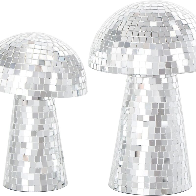 Deco 79 Glass Mushroom Handmade Decorative Sculpture Mosaic Mirrored Home Decor Statues, Set of 2 Accent Figurines 10", 8"H, Silver