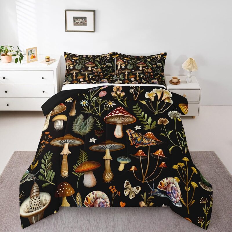 Feelyou Cartoon Mushrooms Comforter Full Size Cute Mushroom Comforter Set for Boys Girls Children Kawaii Fungus Reversible Bedding Set Room Decor Wild Mushroom Stuff Duvet Set 3Pcs