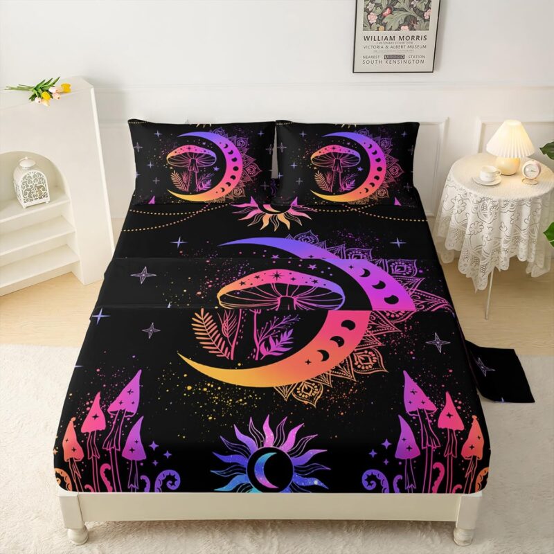 QOOMO Colored Mushroom Fungal Plants Silky Microfiber Bed Sheets Neon Gradient Color Soft Kids Bedding Set Sun Moon Mushroom Kids Sheets Set Queen Size 1 Fitted Sheet, 1 Flat Sheet, 2 Pillow Cases